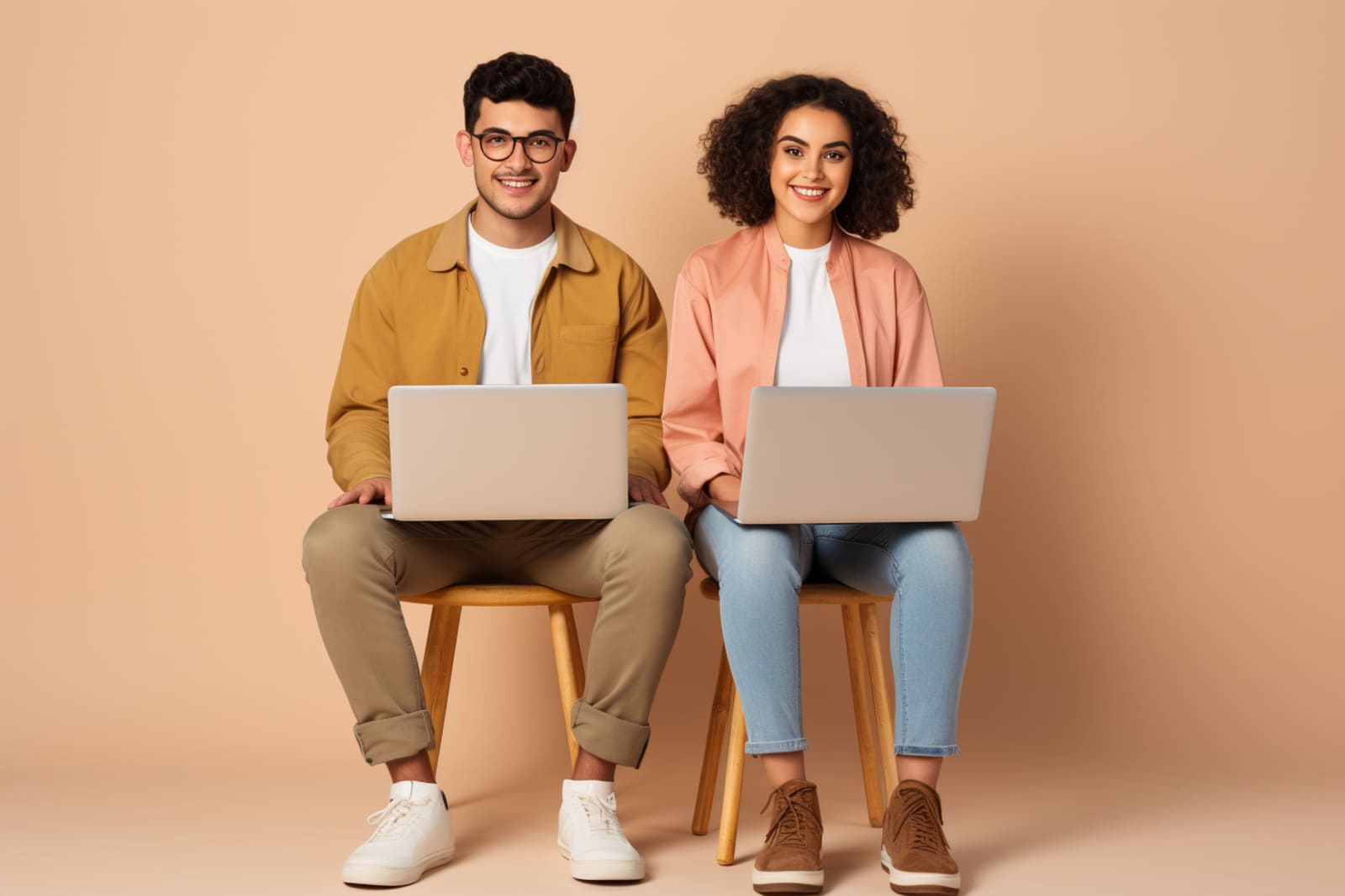 Pareja de veinteañeros sentados con sus laptops, empezando a organizar sus finanzas