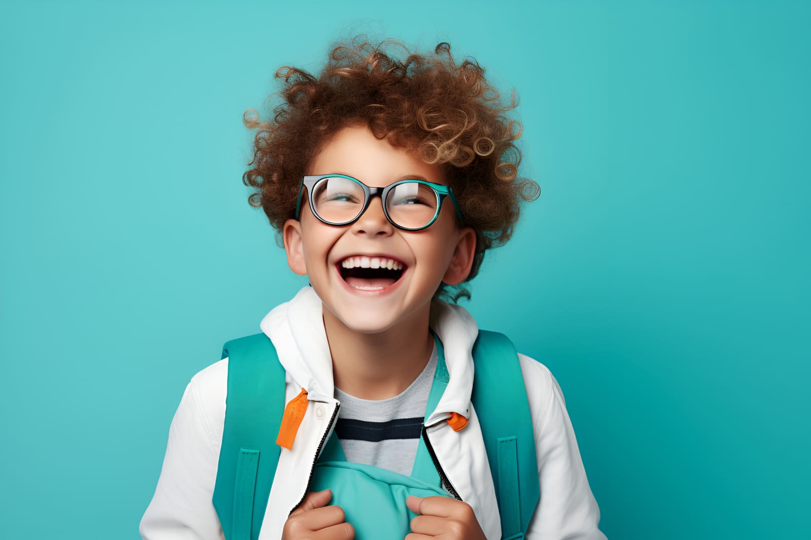 Niño con lentes y mochila escolar riendo con entusiasmo sobre un fondo turquesa