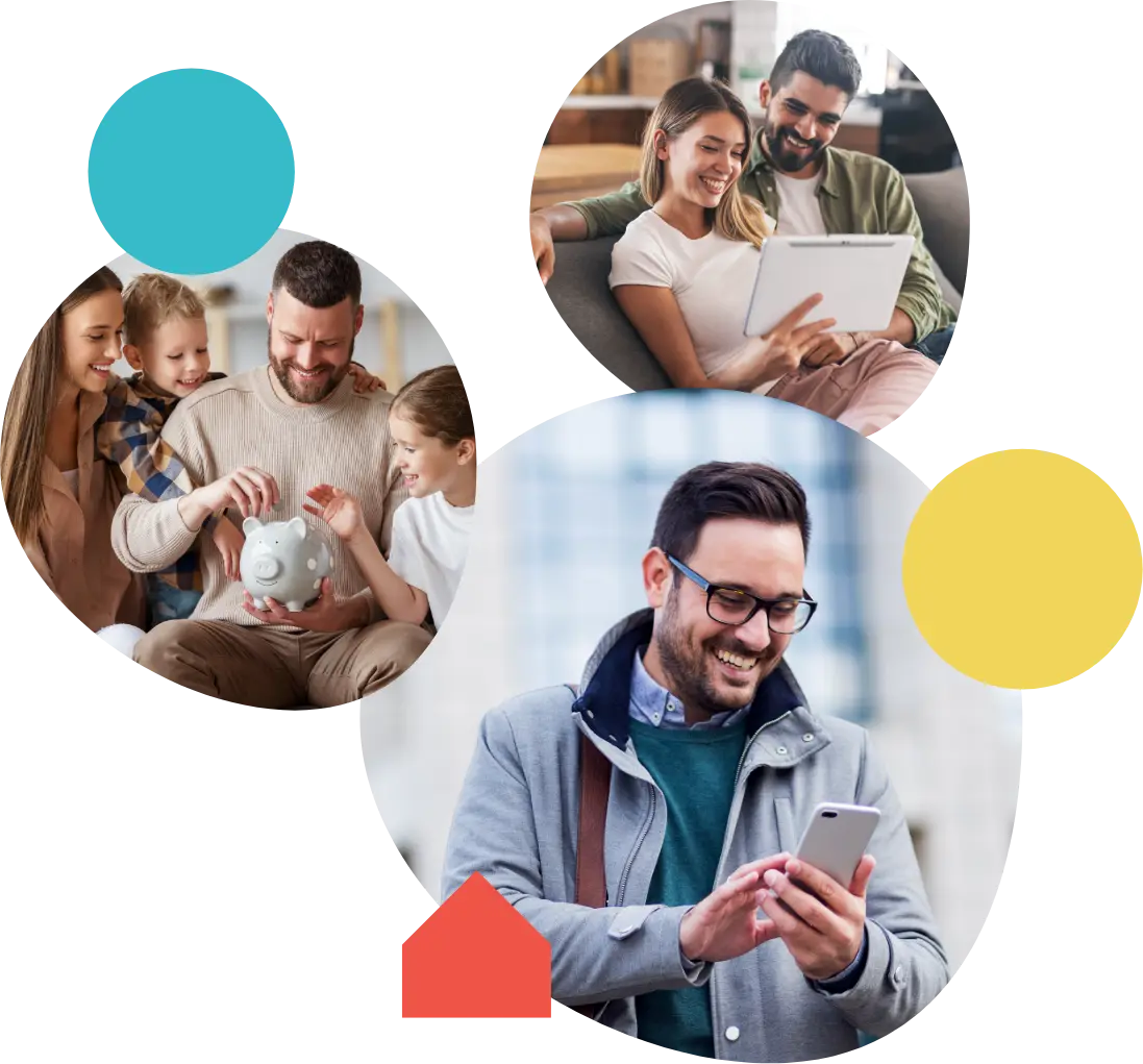 Familia con alcancía y hombre revisando su teléfono, sobre formas geométricas de la marca