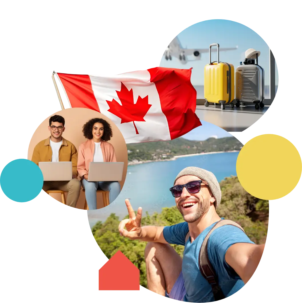 Bandera de Canadá, maletas y un viajero sonriendo frente al mar