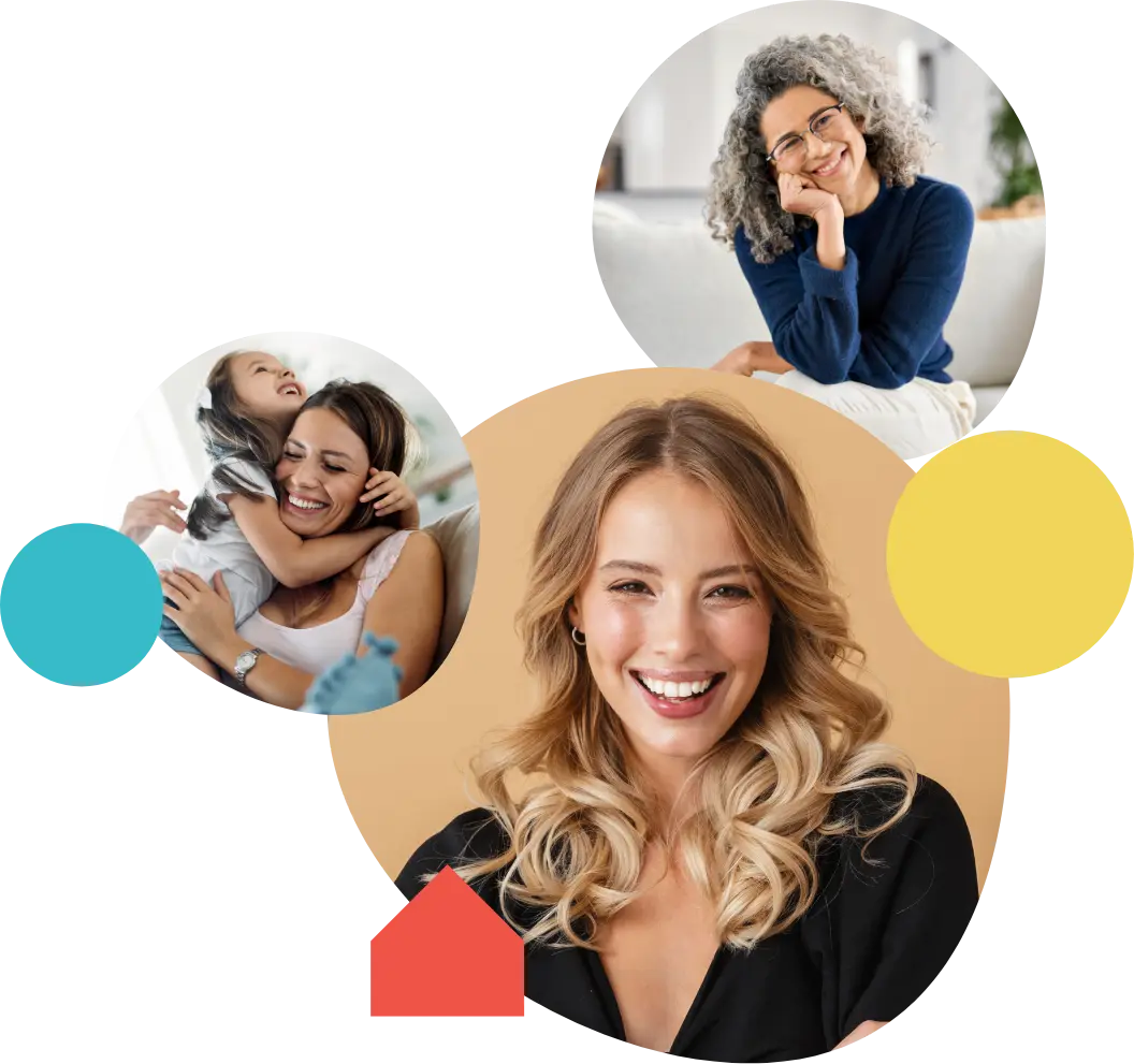 Tres mujeres de distintas edades sonriendo, sobre formas geométricas de la marca