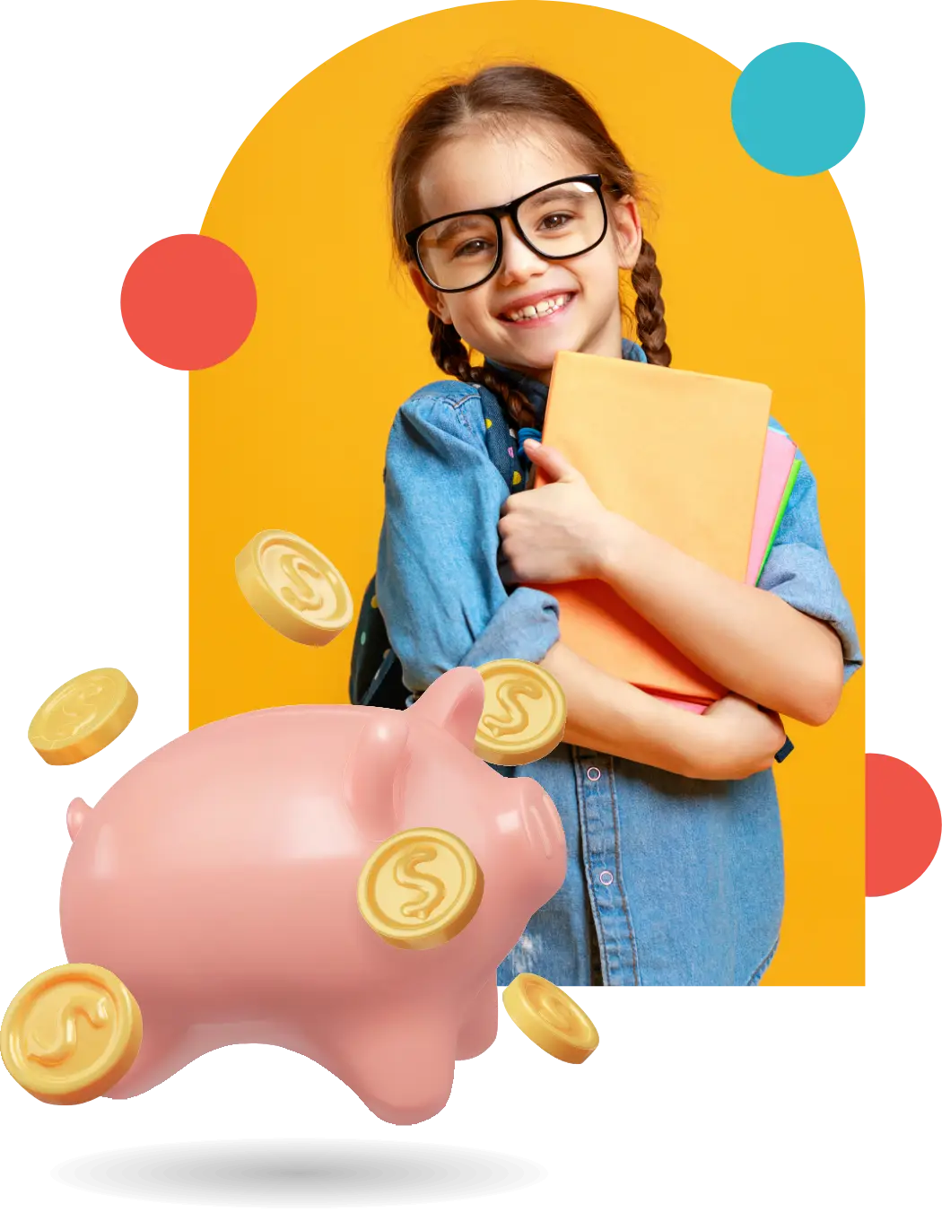 Niña sonriente con lentes abrazando sus libros junto a una alcancía y monedas de colores