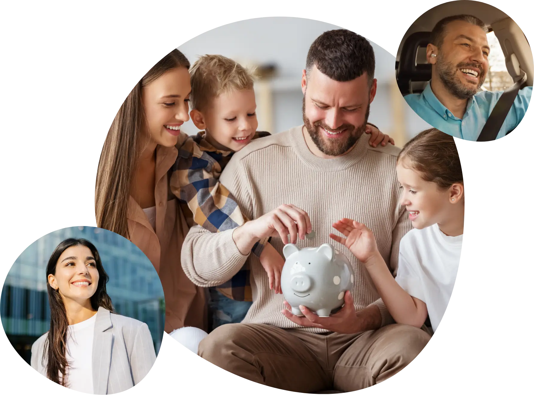 Familia sentada en la sala metiendo monedas a una alcancía, junto a retratos de un hombre manejando y de una mujer profesional sonriendo