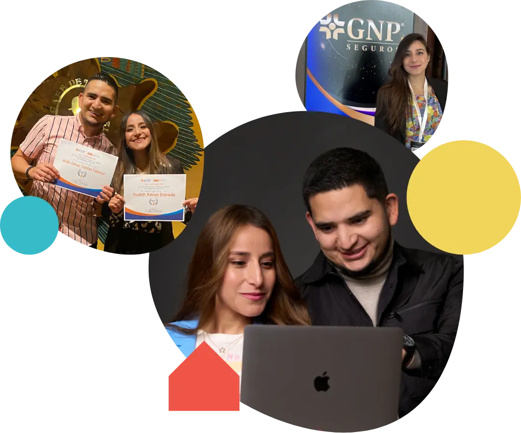 El equipo con sus reconocimientos de GNP Seguros y trabajando frente a la computadora
